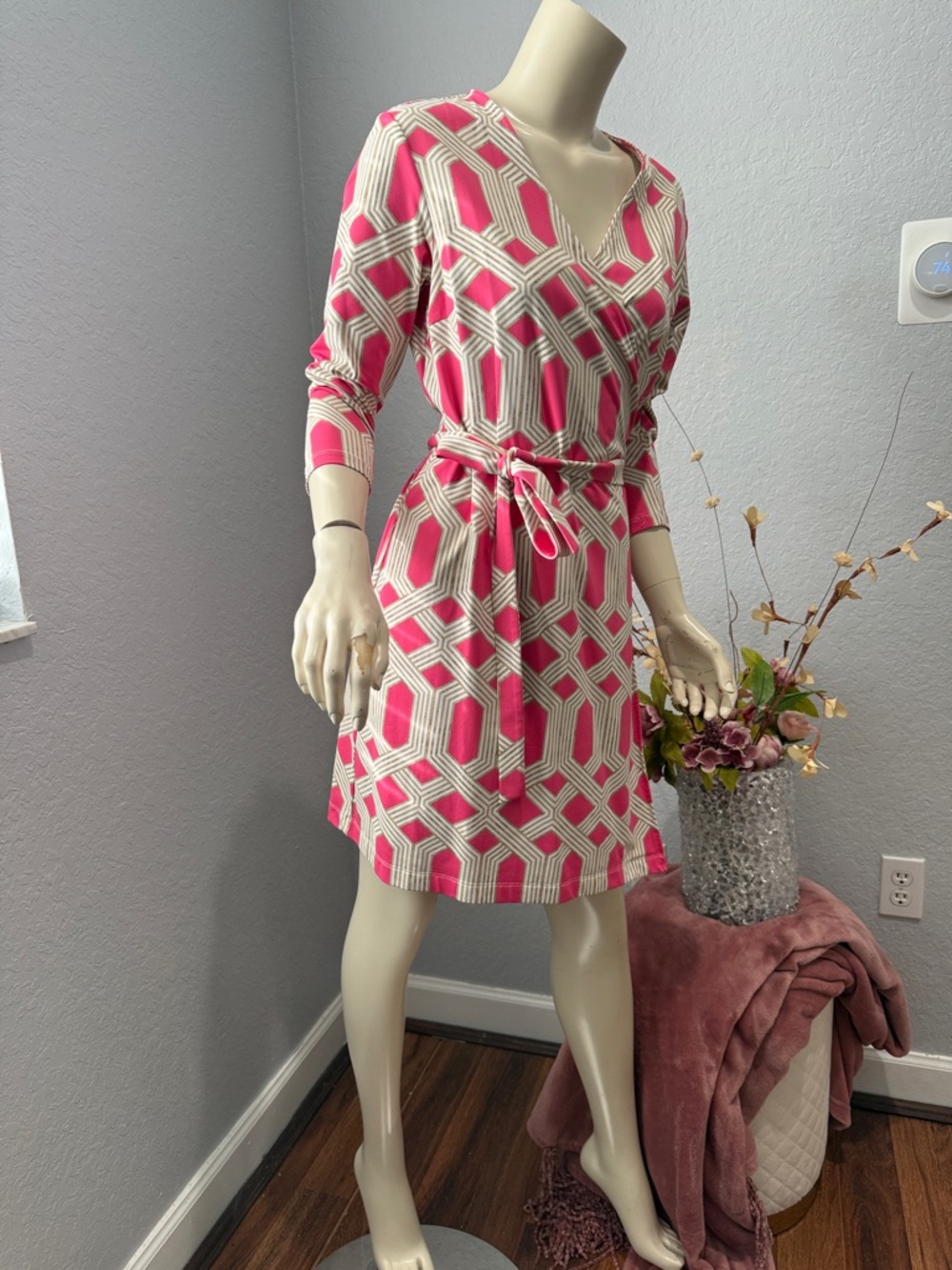 J. McLaughlin Pink and Cream Geometric Wrap Dress